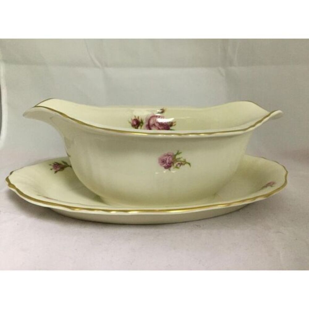 Syracuse China Federal Victoria‎ Gravy Boat w/ attached Plate Roses